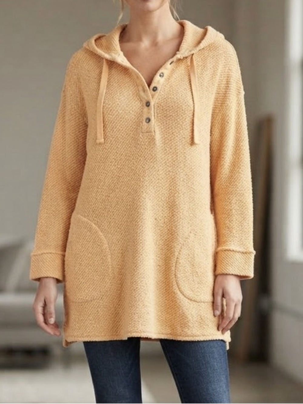 Soft Surroundings Cozy Waffle Knit Henley Hoodie Tunic With Pockets M oversized